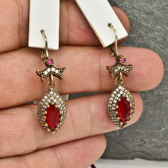 New Womens Ruby & Sapphire Earrings Set in 14kt & Silver - Picture 5 of 6